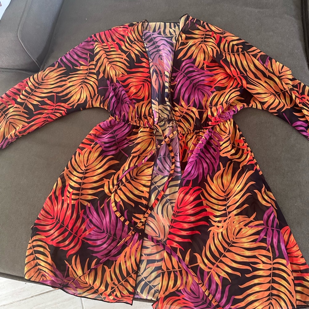 Vibrant Tropical Leaf Print Sheer Wrap - Purple & Orange